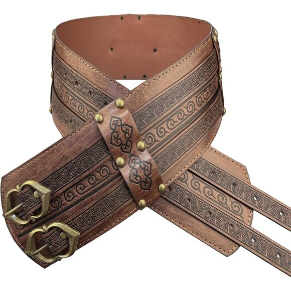 Men's Brown Medieval Faux Leather Armor Belt Knight Corset Belt LARP Halloween - Picture 3 of 6